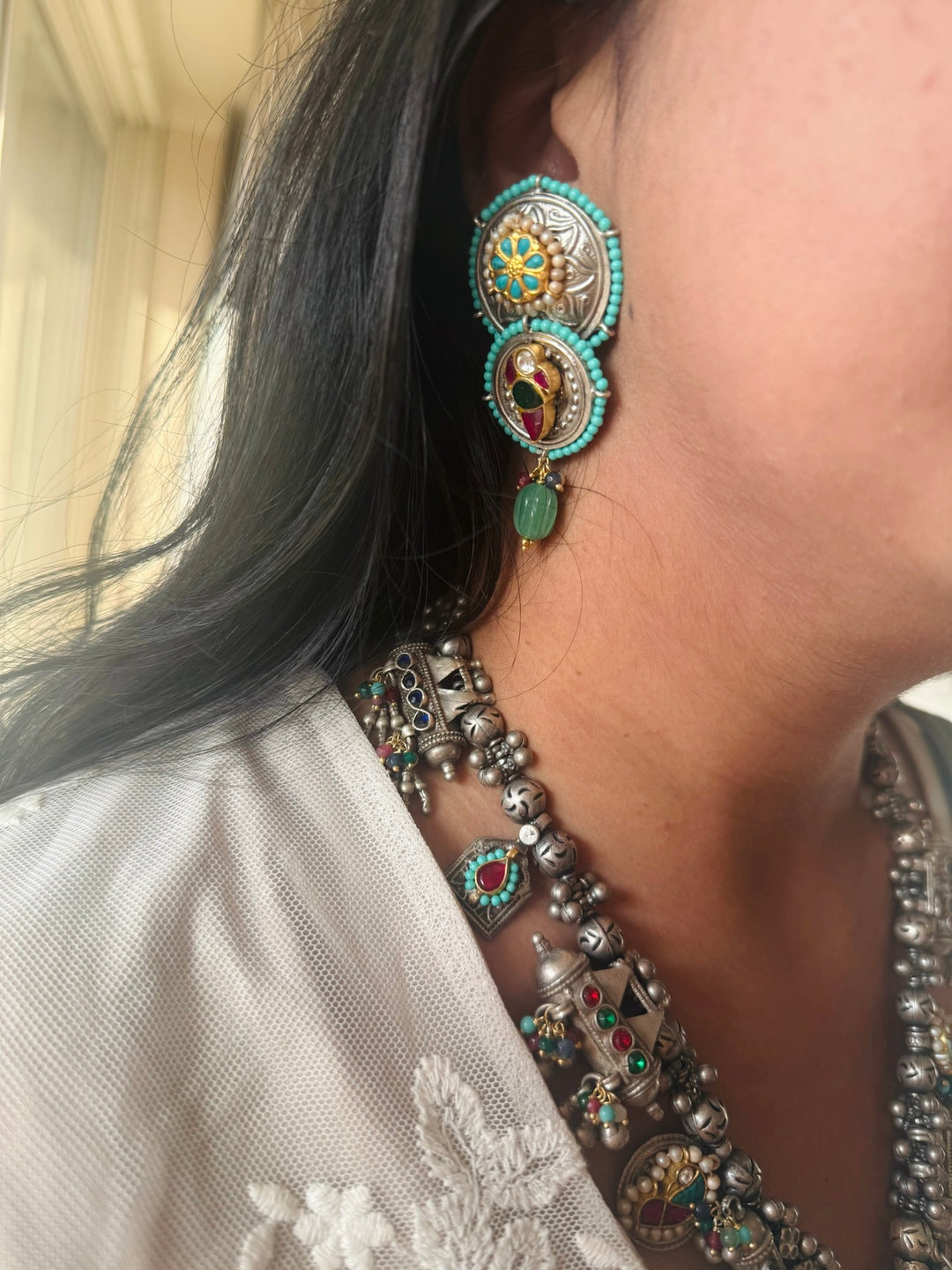 Handmade 925 Silver Fusion Gemstone Kundan Necklace Set | SHIVKA