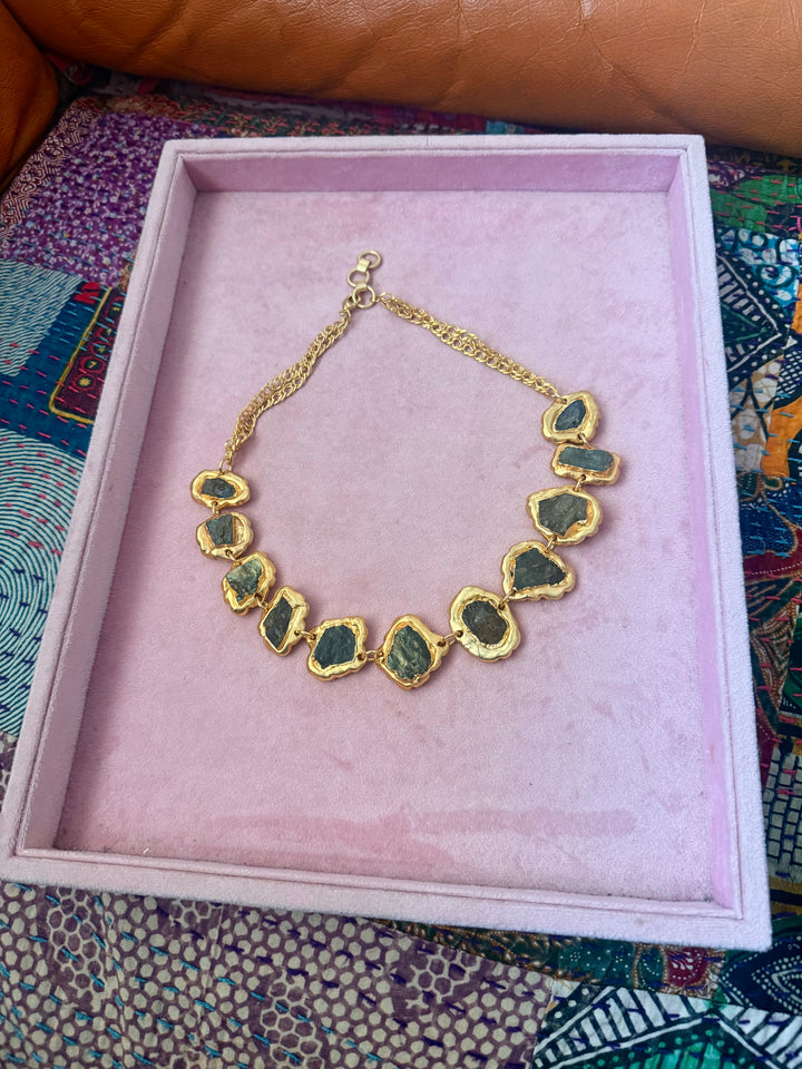 Handmade Natural Stones Gold Embedded Necklace | Adjustable Lobster Claw Brass Statement Jewelry