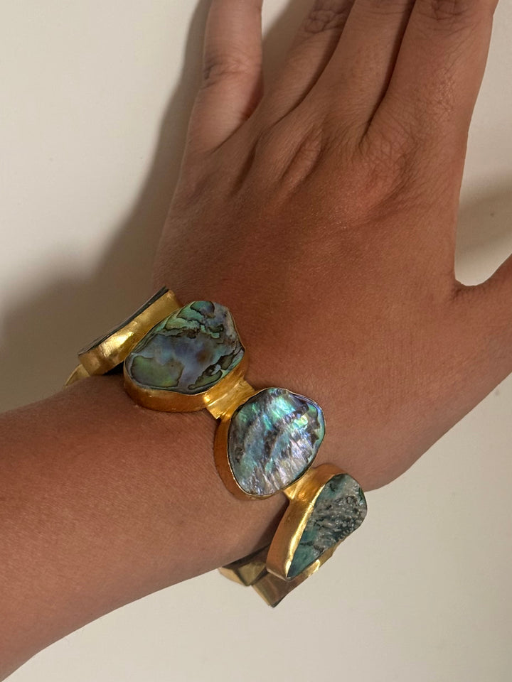 SHIVKA Designer Brass Abalone Cuff | Gold Polish | Natural Abalone Stones | Adjustable | 30g