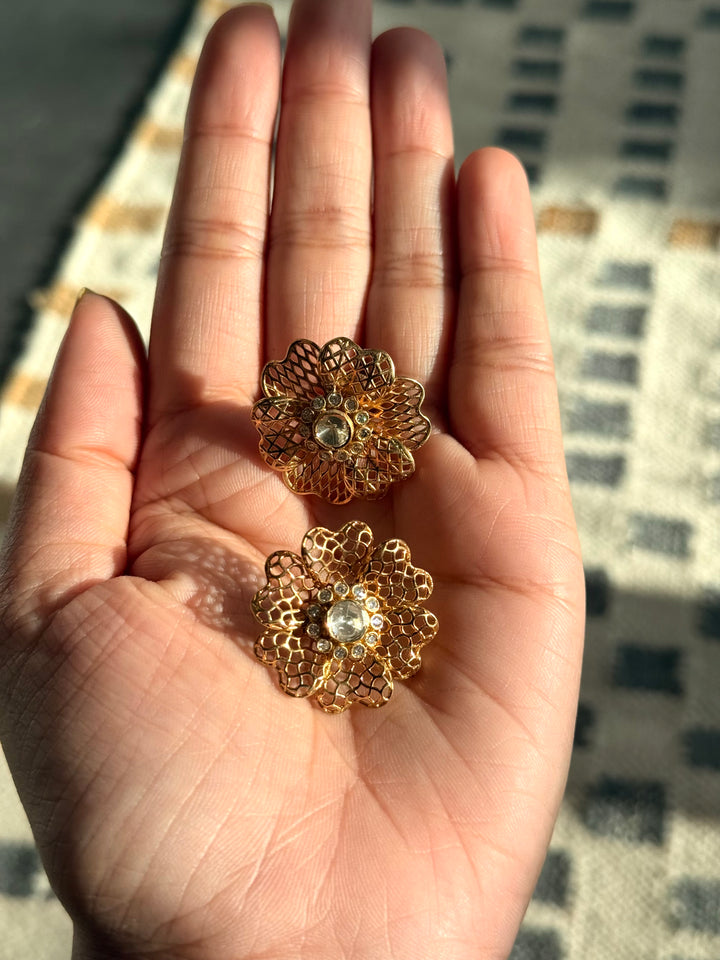 925 Silver Polki Studs | SHIVKA | Antique Gold CZ Festive Elegance