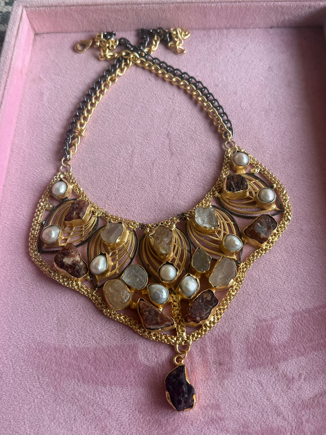 Statement Amethyst Turquoise Citrine and Pearls Necklace