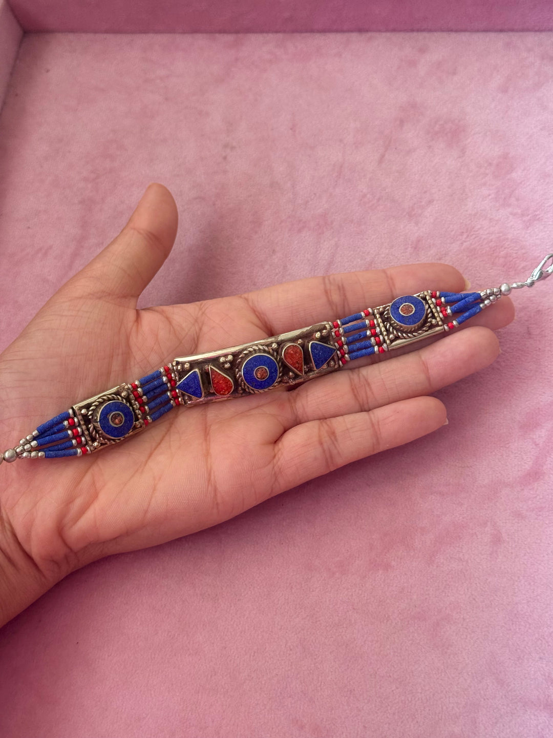 Handcrafted Lapis Lazuli and Coral German Silver Bracelet, Indian Jewelry