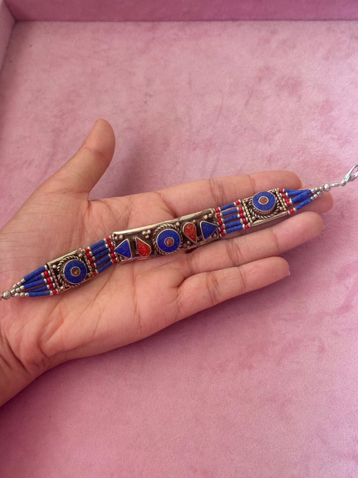 Handcrafted Lapis Lazuli and Coral German Silver Bracelet, Indian Jewelry