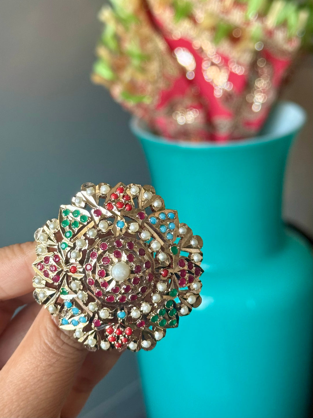 Statement Big Flower Jadau Ring | 18k Gold Plated | Copper & Semi-Precious Stones