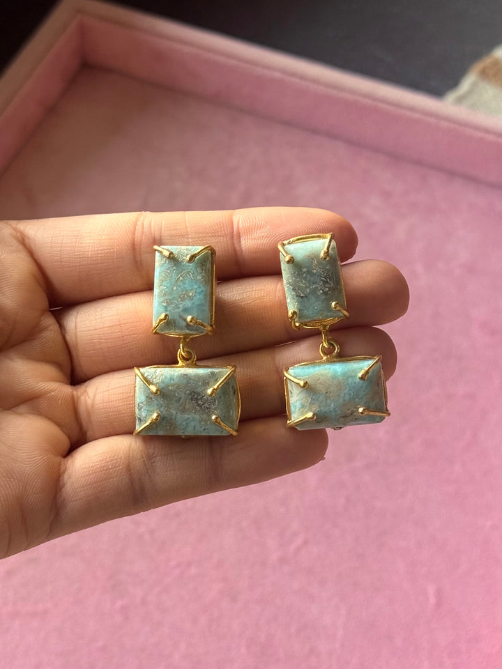 Handmade Natural Larimar Stone Earrings | SHIVKA | Gold Polished Brass | 4x2 cm | 20g Pair | Push Back
