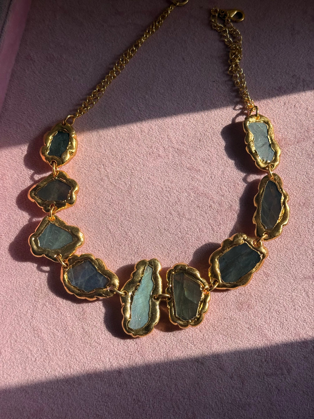 Handmade Raw Stone Gold Embedded Necklace | Adjustable Lobster Claw Brass Statement Jewelry