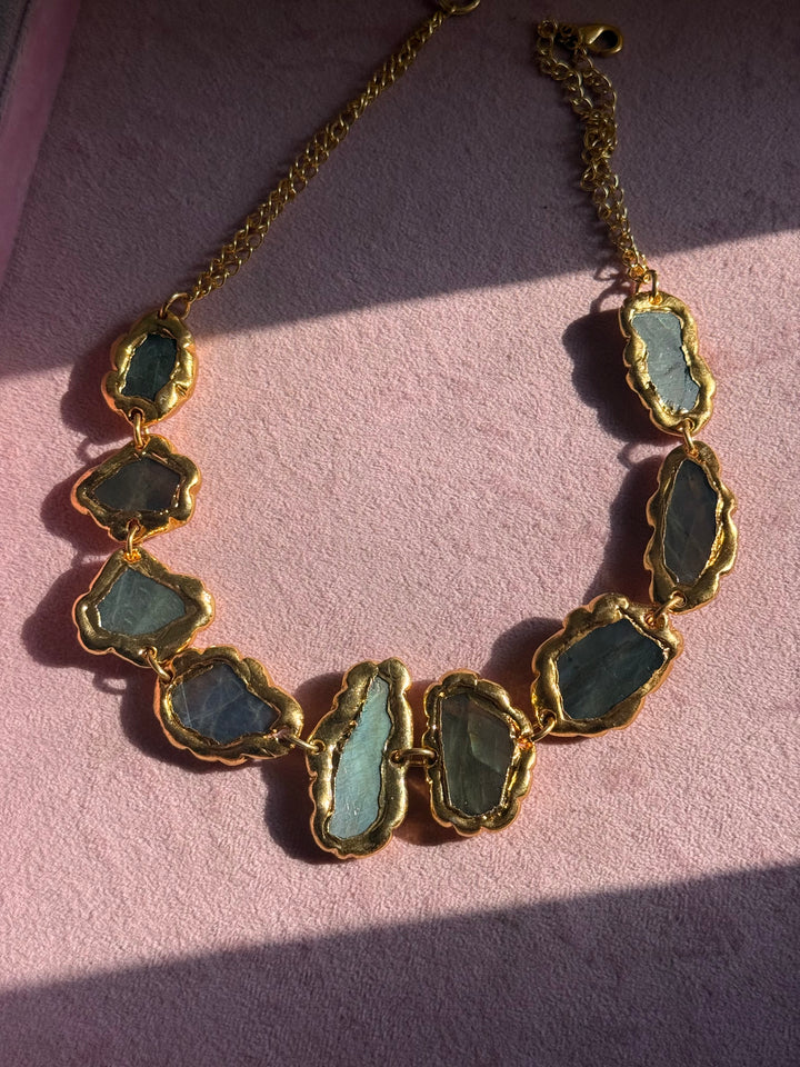 Handmade Raw Stone Gold Embedded Necklace | Adjustable Lobster Claw Brass Statement Jewelry
