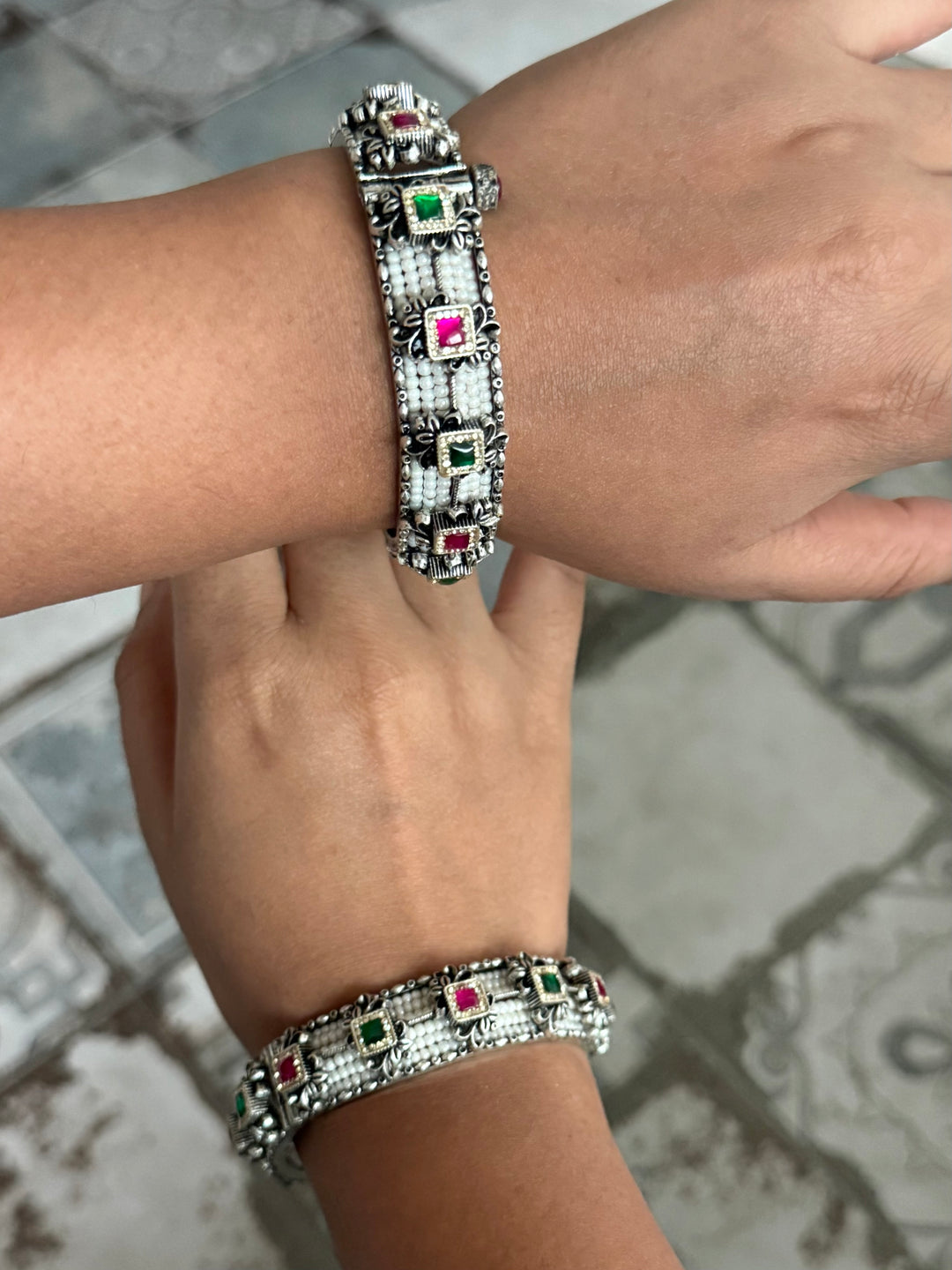 SHIVKA SAANJ 925 Silver Fusion Bangles | Set of 2 | CZ Stones | Artisan Crafted | 94g