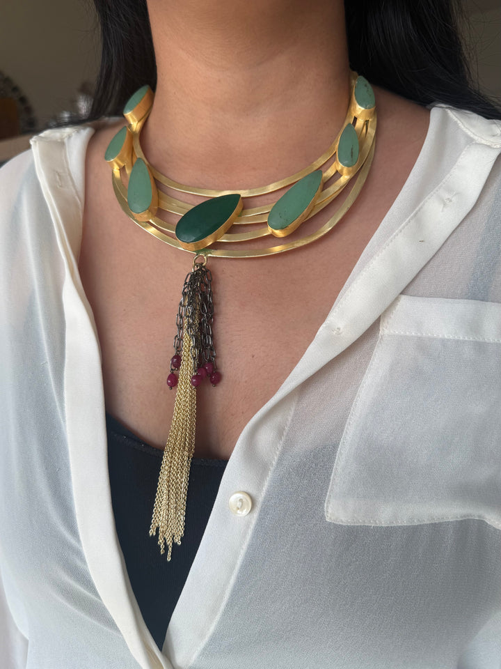 Handmade Green Onyx Hasli Necklace | Gold Polish Brass Adjustable Statement Jewelry