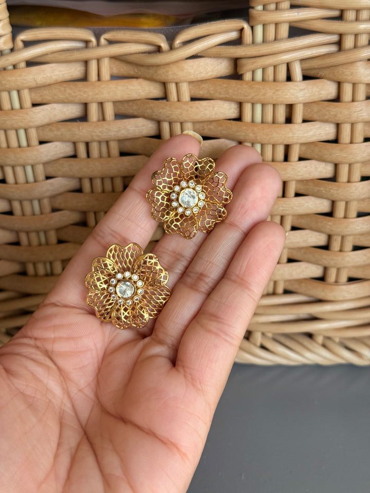 925 Silver Polki Studs | SHIVKA | Antique Gold CZ Festive Elegance