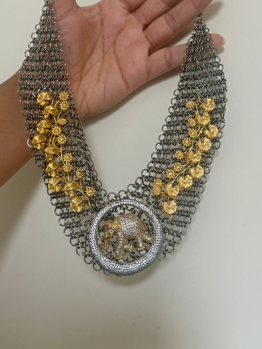 Handmade Elephant Designer Necklace Set | Dual Tone Gold & Black | SHIVKA