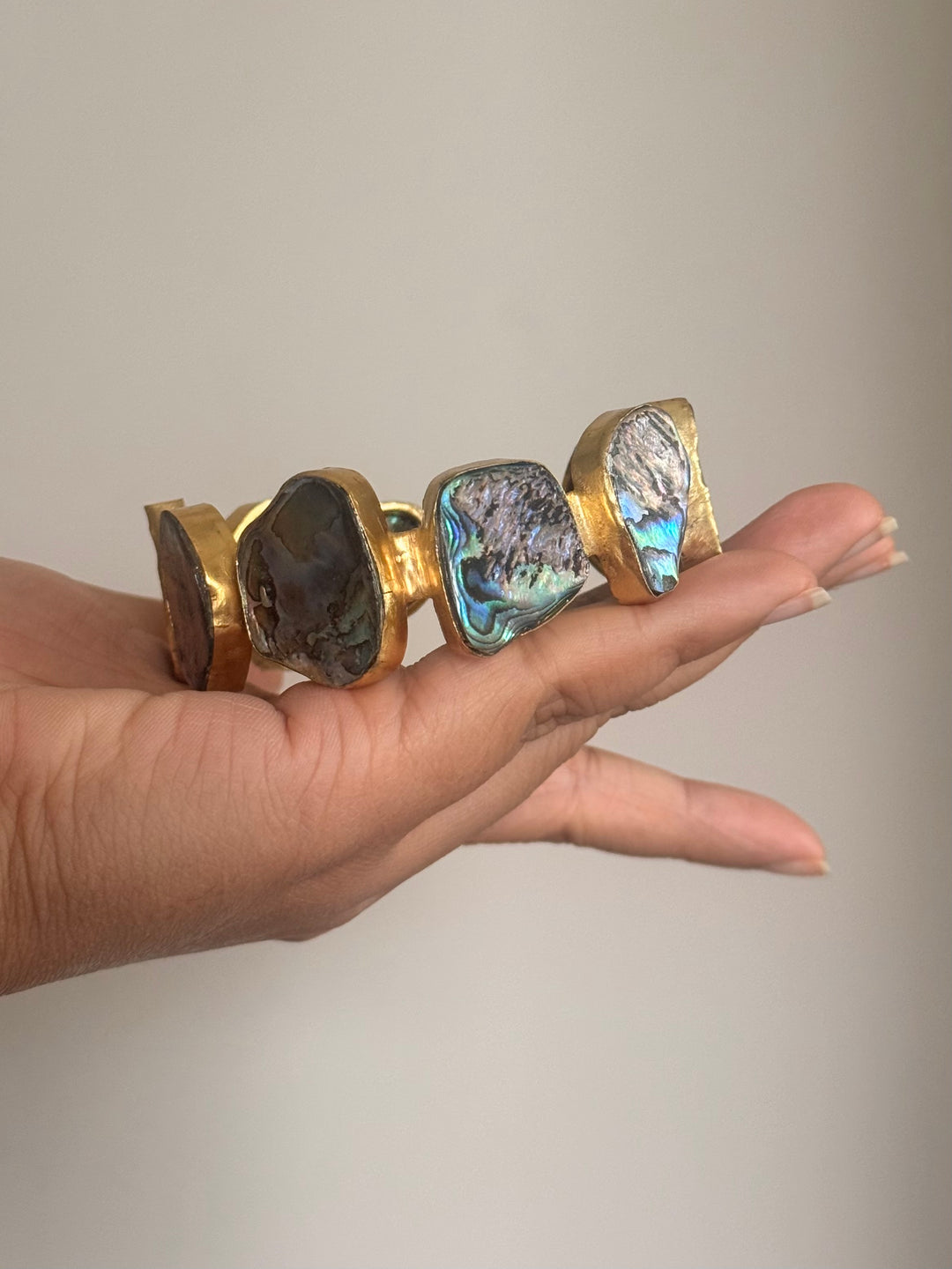 SHIVKA Designer Brass Abalone Cuff | Gold Polish | Natural Abalone Stones | Adjustable | 30g