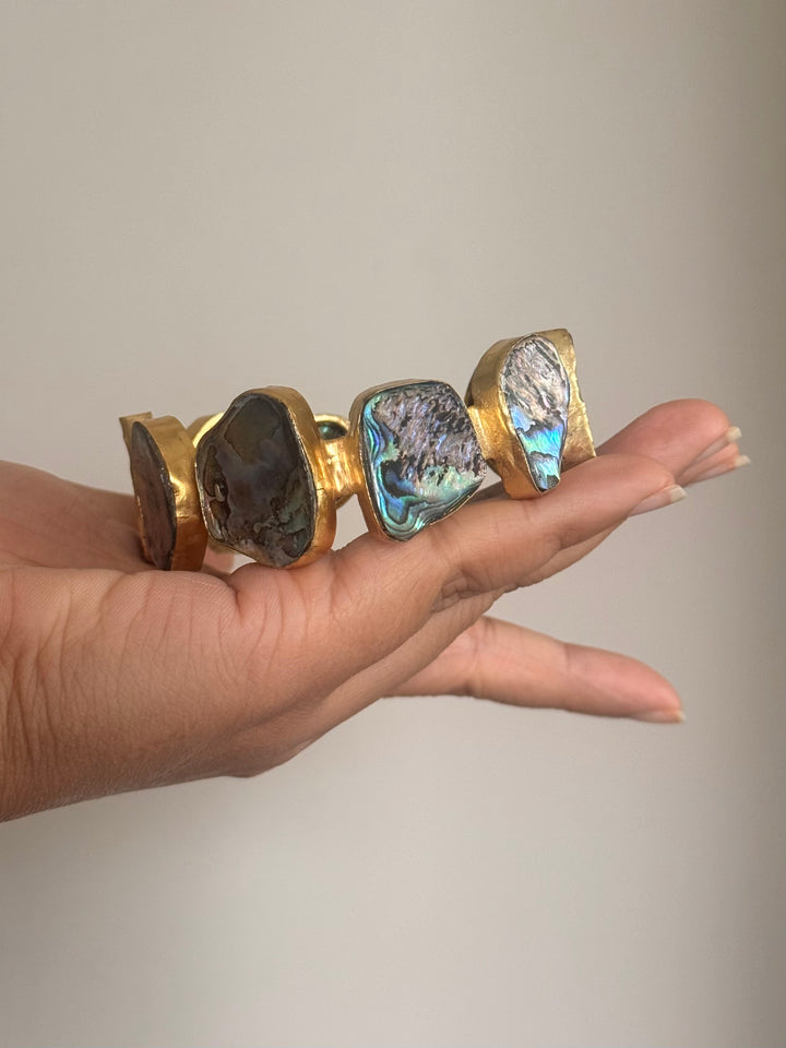 SHIVKA Designer Brass Abalone Cuff | Gold Polish | Natural Abalone Stones | Adjustable | 30g