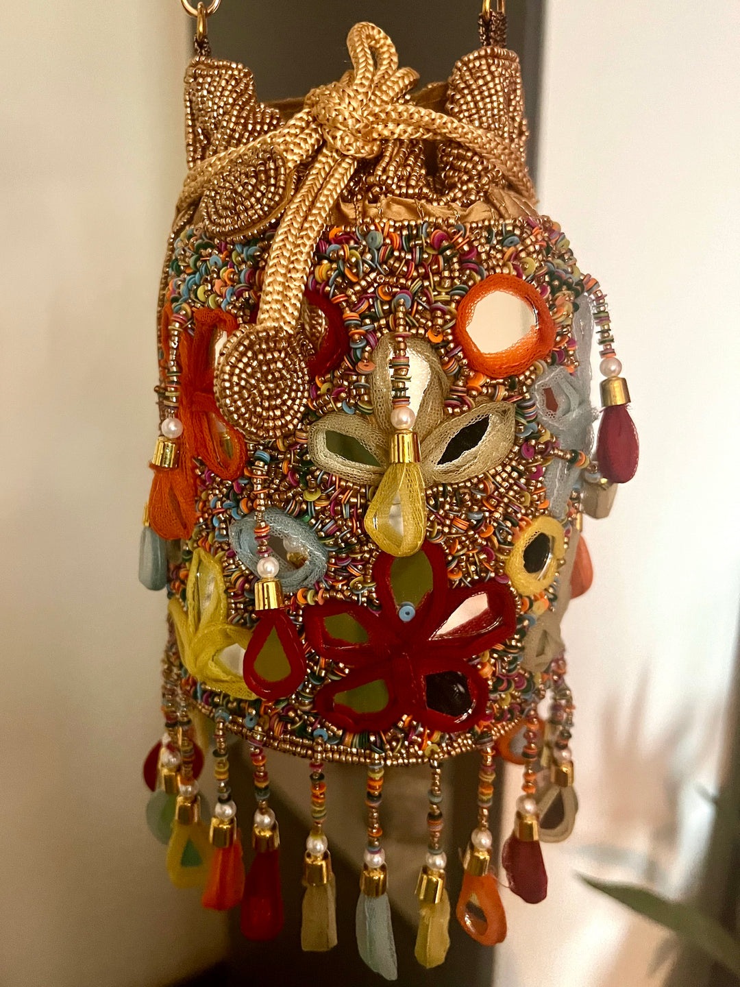 Handmade Colorful Mirror Work Potli Bag | Detachable Handle Evening Purse | Boho Statement Clutch