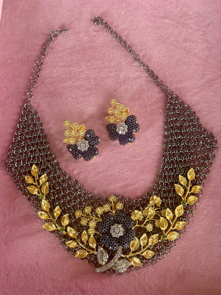 Handmade Floral Designer Necklace Set | Gold & Black Rhodium | SHIVKA
