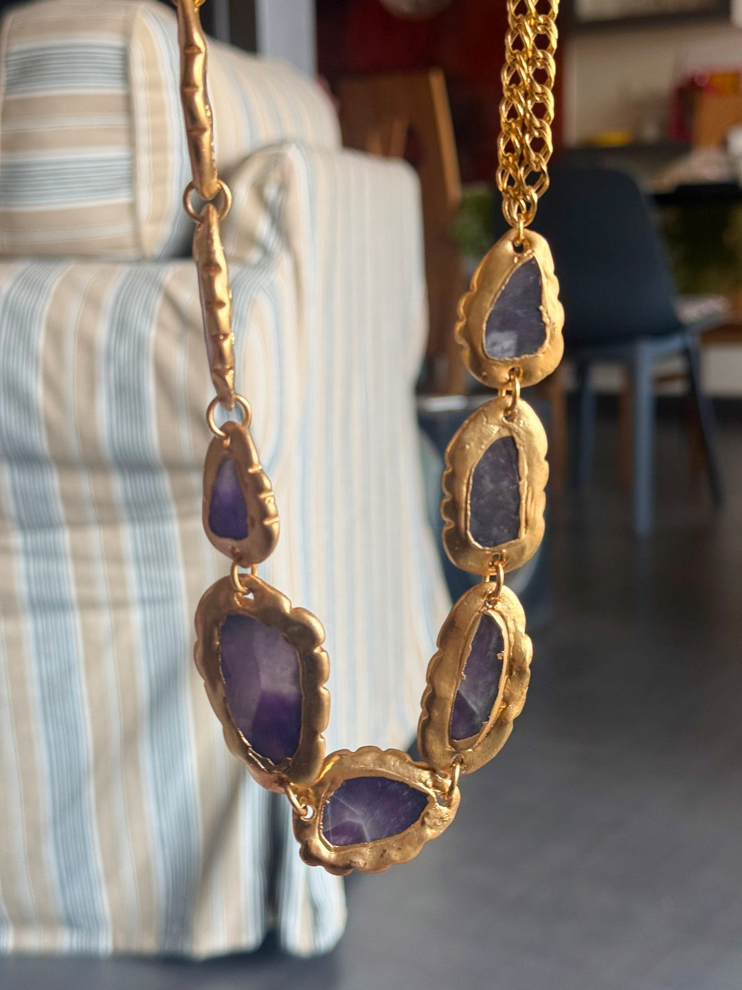 Handmade Raw Amethyst Gold Embedded Necklace | Adjustable Lobster Claw Brass Statement Jewelry
