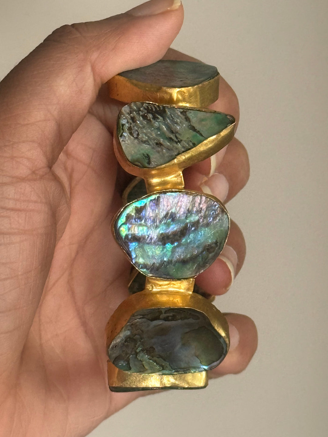 SHIVKA Designer Brass Abalone Cuff | Gold Polish | Natural Abalone Stones | Adjustable | 30g