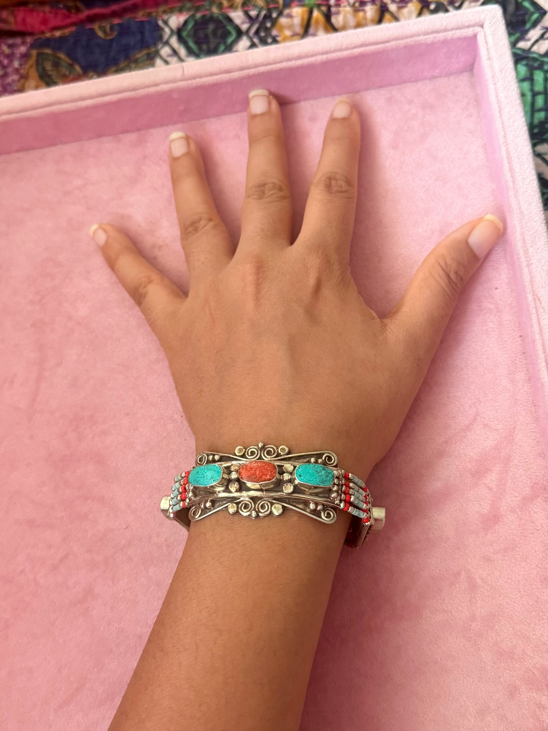 Handcrafted Turquoise and Coral German Silver Bracelet, Indian Jewelry