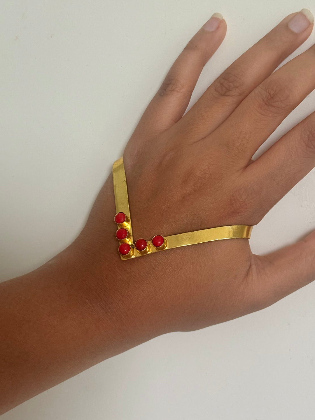 SHIVKA Coral Hand Harness | Brass Gold Polish | Natural Coral Stone | Handcrafted | 14g