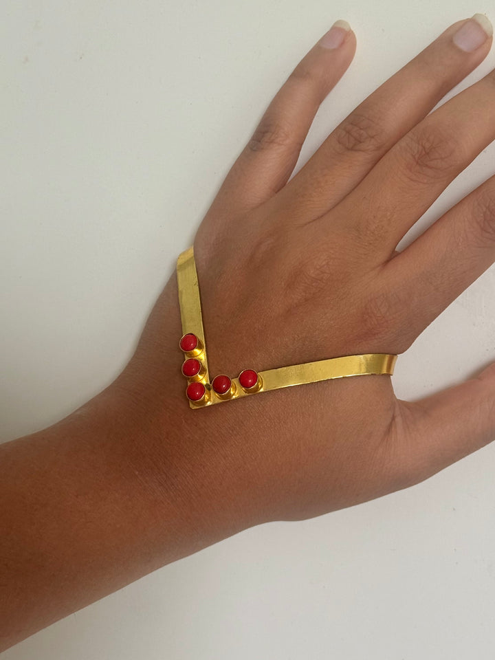 SHIVKA Coral Hand Harness | Brass Gold Polish | Natural Coral Stone | Handcrafted | 14g