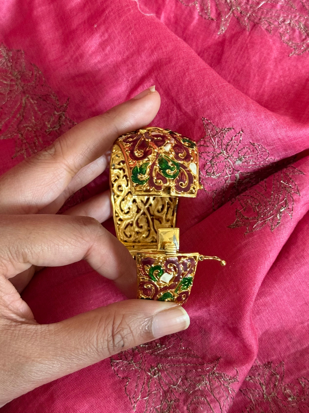 SHIVKA 925 Silver Meenakari Kada | Natural Topaz Stone | Gold Plated | Openable | 60g