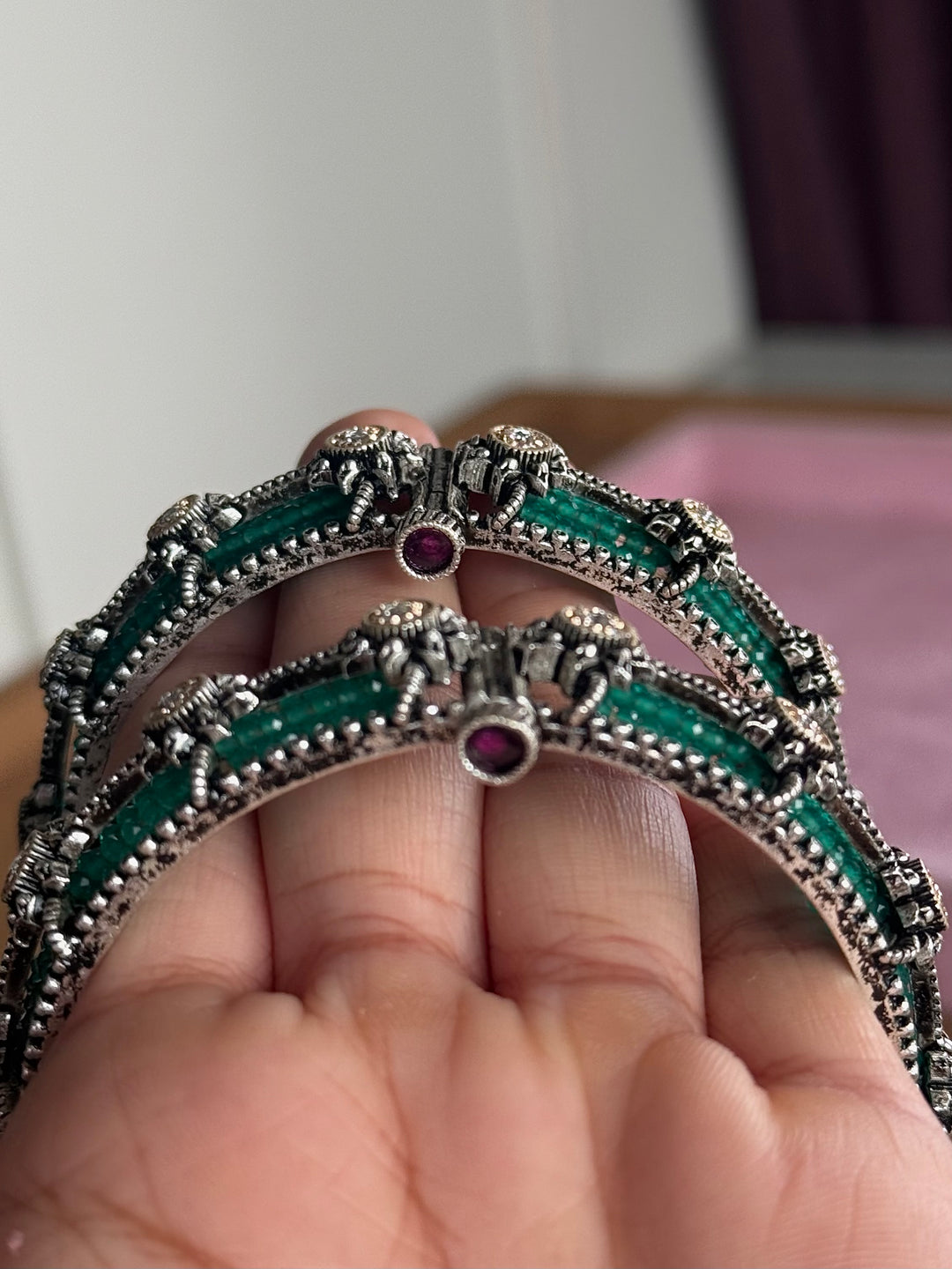 SHIVKA SAANJ 925 Silver Fusion Bangles | Set of 2 | CZ Stones | Artisan Crafted | 93g