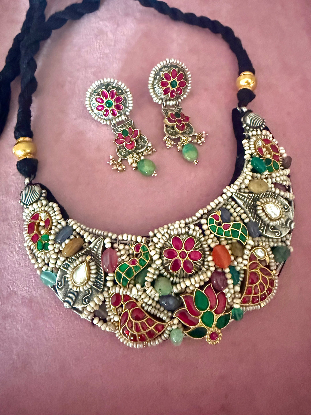 Handmade 925 Silver Nakhra Gemstone Necklace Set | SHIVKA