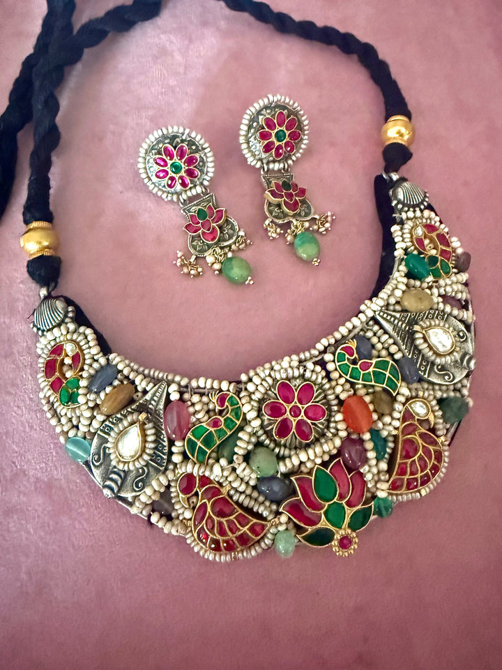 Handmade 925 Silver Nakhra Gemstone Necklace Set | SHIVKA