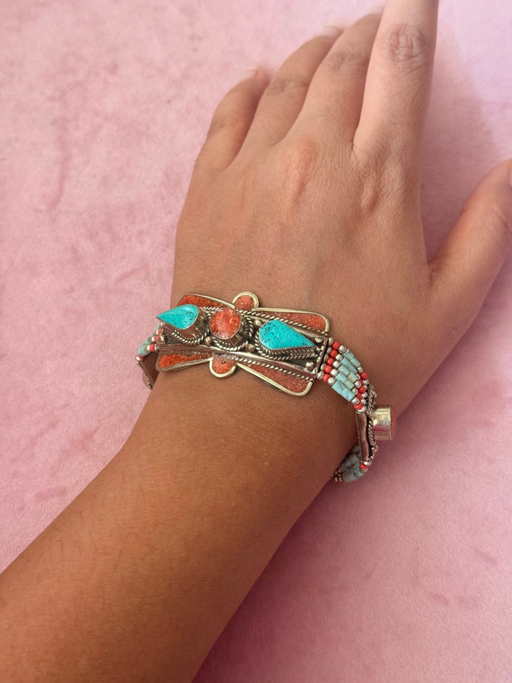 Handcrafted Turquoise and Coral German Silver Bracelet, Indian Jewelry