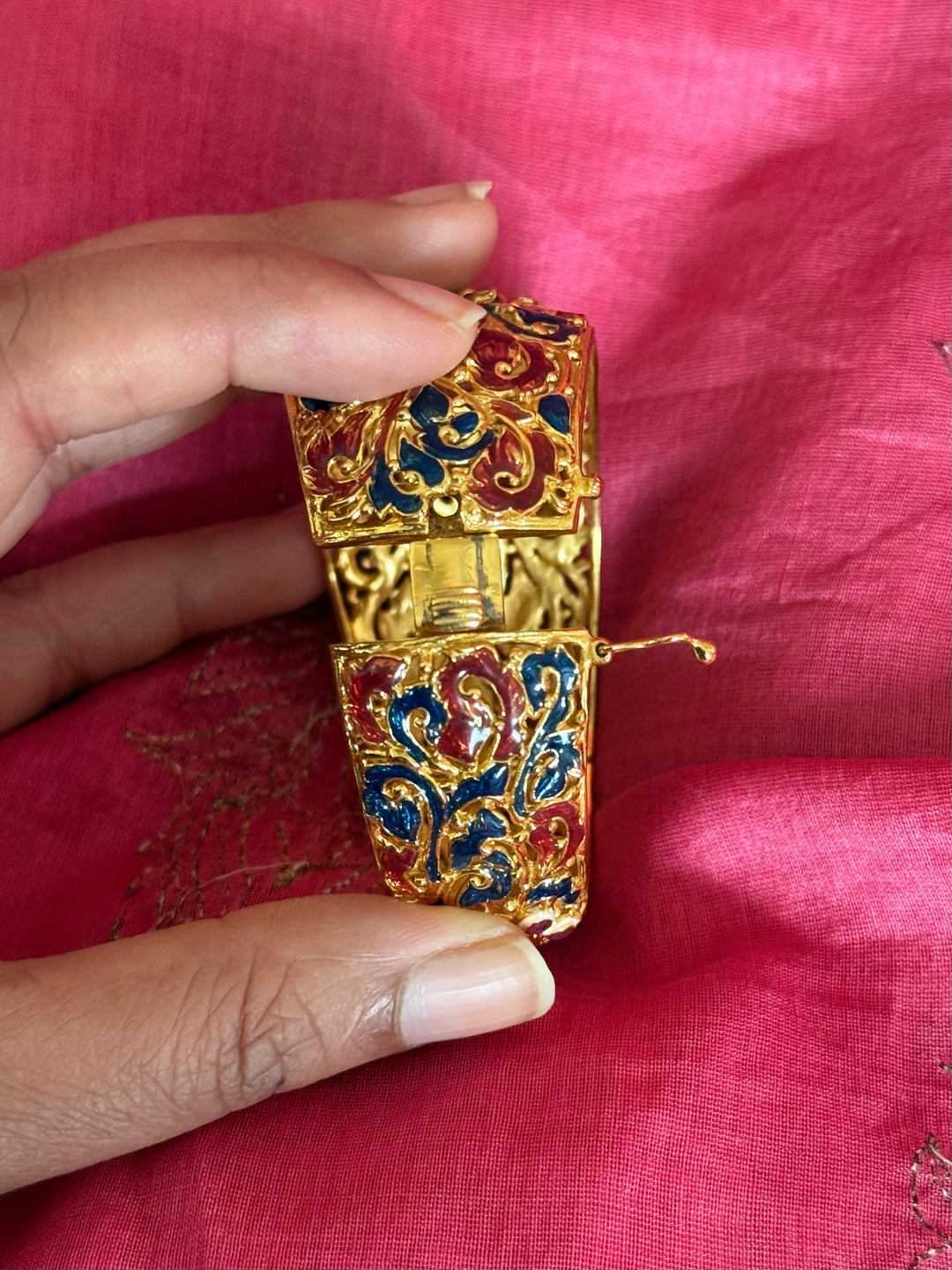 925 Silver Natural Ruby Oval Stone Kada by SHIVKA, Gold Plated Bikaner Artisanal Enamel Bangle