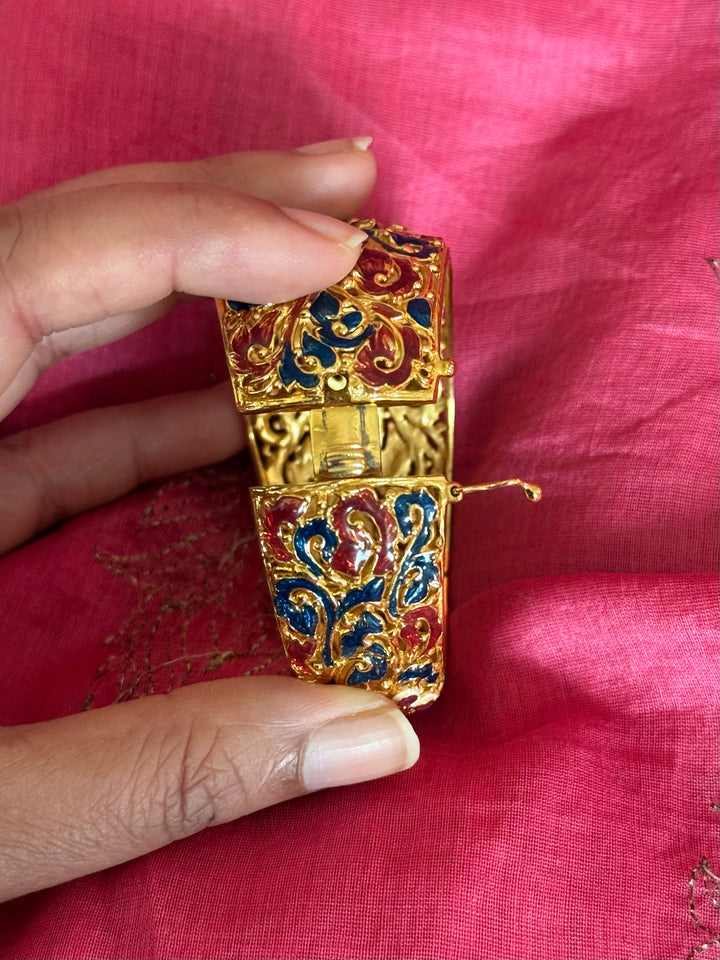 925 Silver Natural Ruby Oval Stone Kada by SHIVKA, Gold Plated Bikaner Artisanal Enamel Bangle