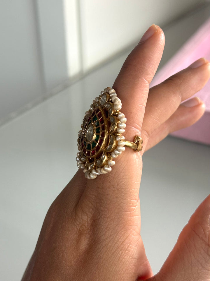 925 Silver Jadtar Gold Handmade Ring | Adjustable | SHIVKA