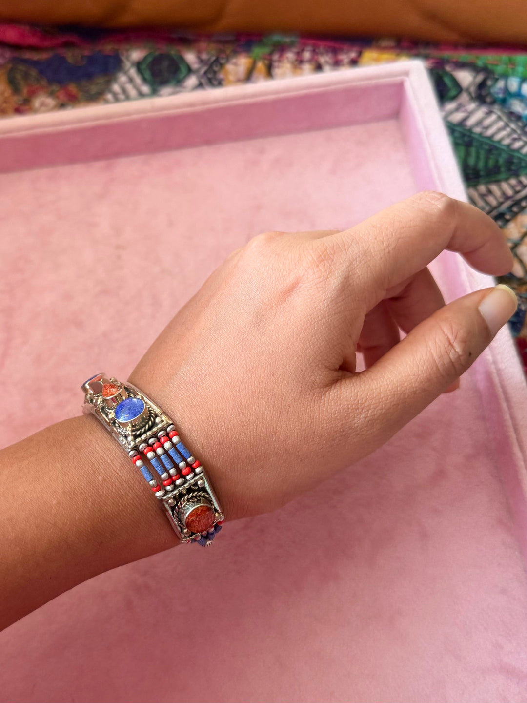 Handcrafted Lapis Lazuli and Coral German Silver Bracelet, Indian Jewelry