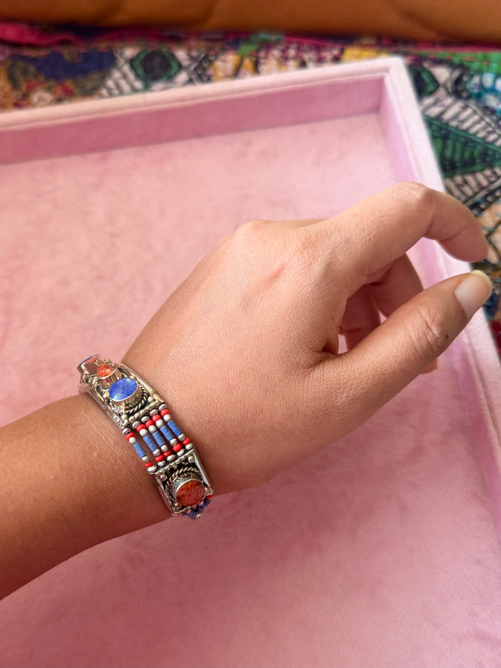 Handcrafted Lapis Lazuli and Coral German Silver Bracelet, Indian Jewelry