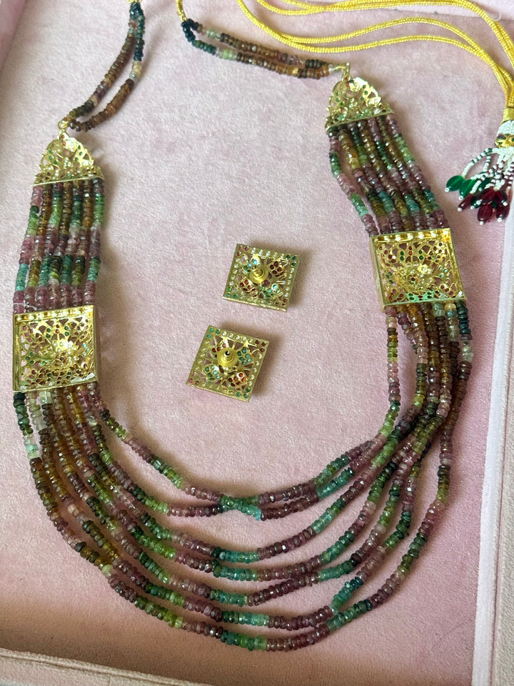 Handmade Jadau Tourmaline Necklace Set 18K Gold Plated | SHIVKA