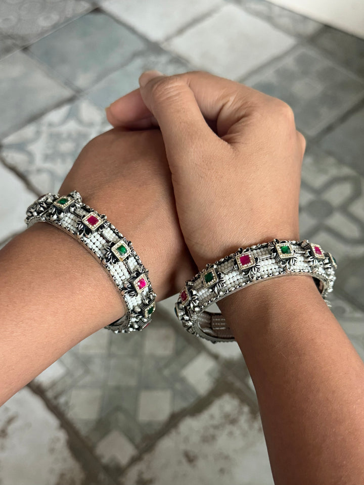 SHIVKA SAANJ 925 Silver Fusion Bangles | Set of 2 | CZ Stones | Artisan Crafted | 94g