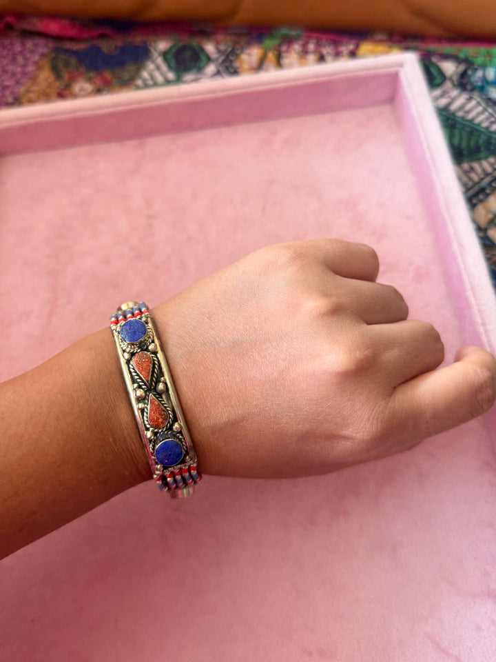 Handcrafted Lapis Lazuli and Coral German Silver Bracelet, Indian Jewelry