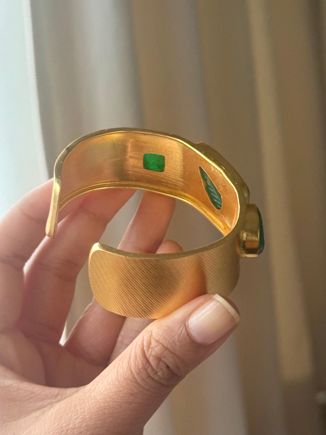 Exquisite Carved Green Onyx Stone Studded Brass Open Cuff - Unparalleled Quality and Style