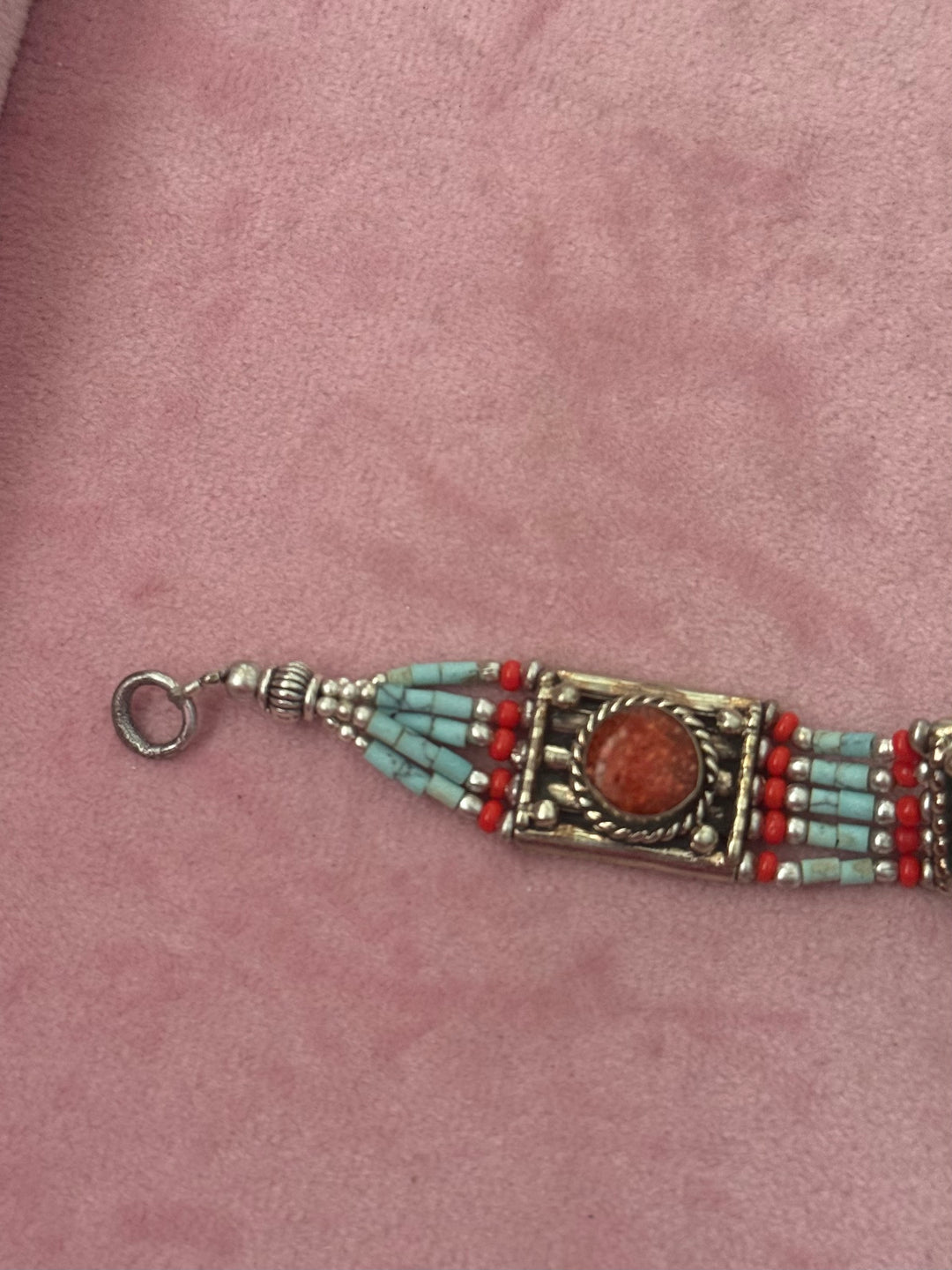 Handcrafted Turquoise and Coral German Silver Bracelet, Indian Jewelry