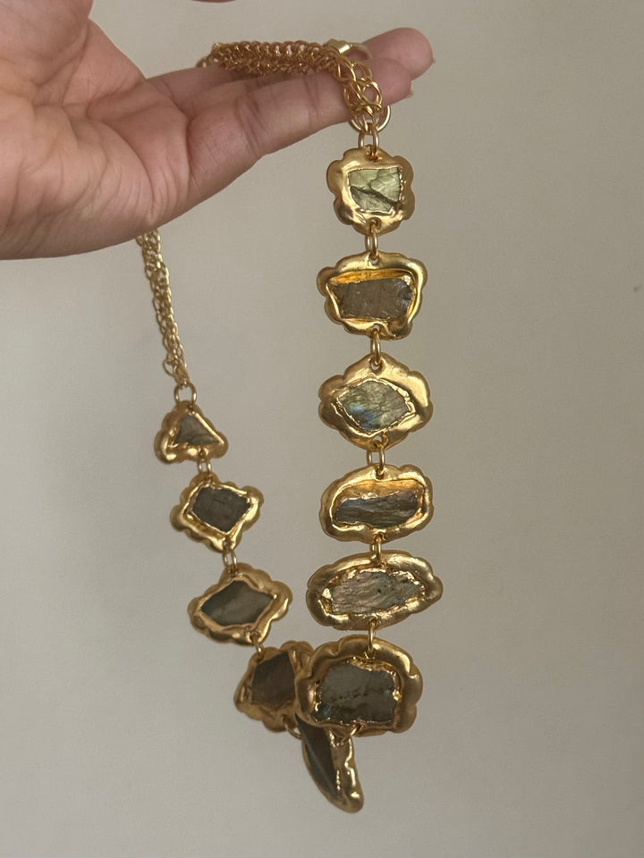 Handmade Raw Labradorite Gold Embedded Necklace | Adjustable Lobster Claw Brass Statement Jewelry