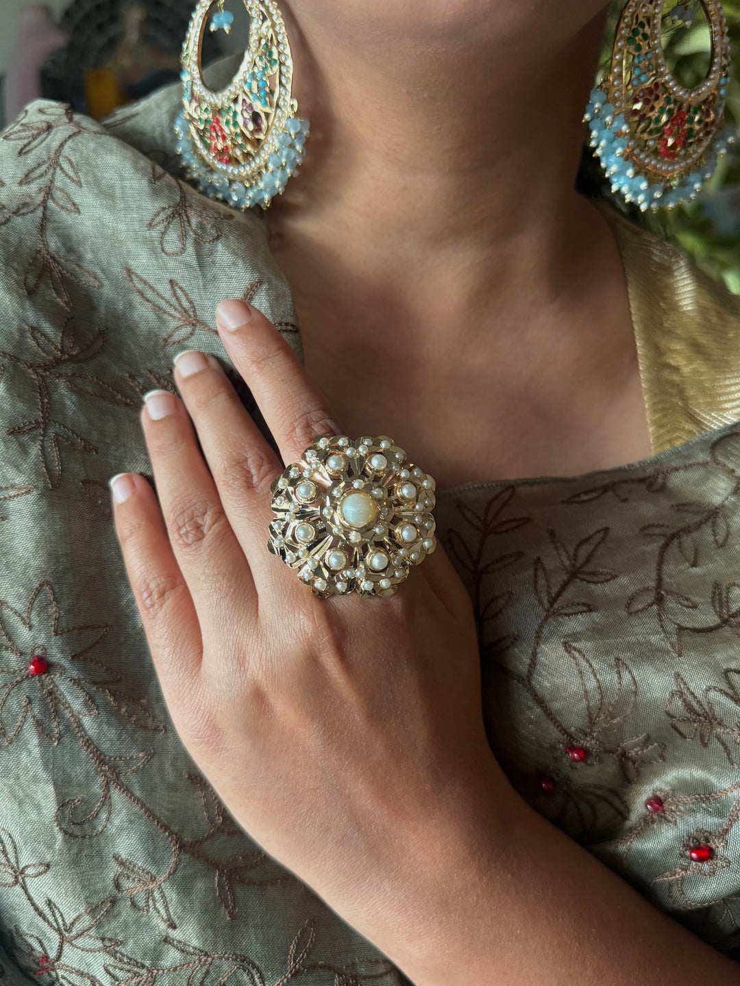 Statement Pearl Jadau Ring | 18k Gold Plated | Copper & Semi-Precious Stones