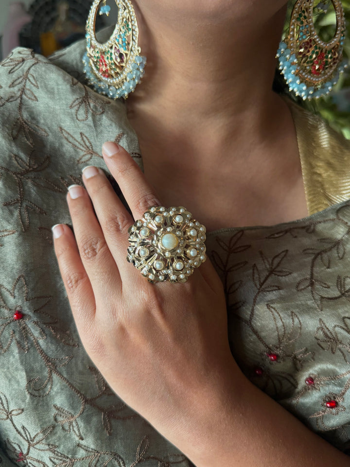 Statement Pearl Jadau Ring | 18k Gold Plated | Copper & Semi-Precious Stones