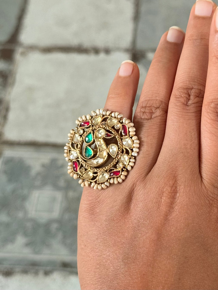 925 Silver Jadtar Gold Handmade Ring | Adjustable | SHIVKA
