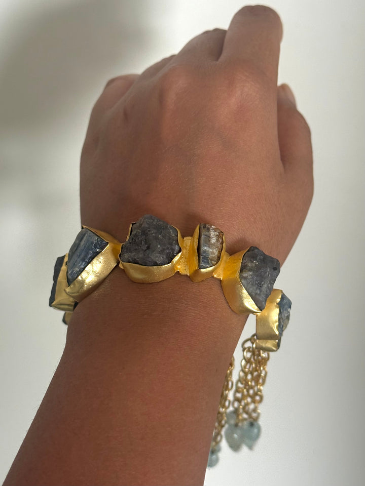 SHIVKA Designer Brass Tassel Cuff | Raw Druzy Chalcedony Stones | Gold Polish | 72g