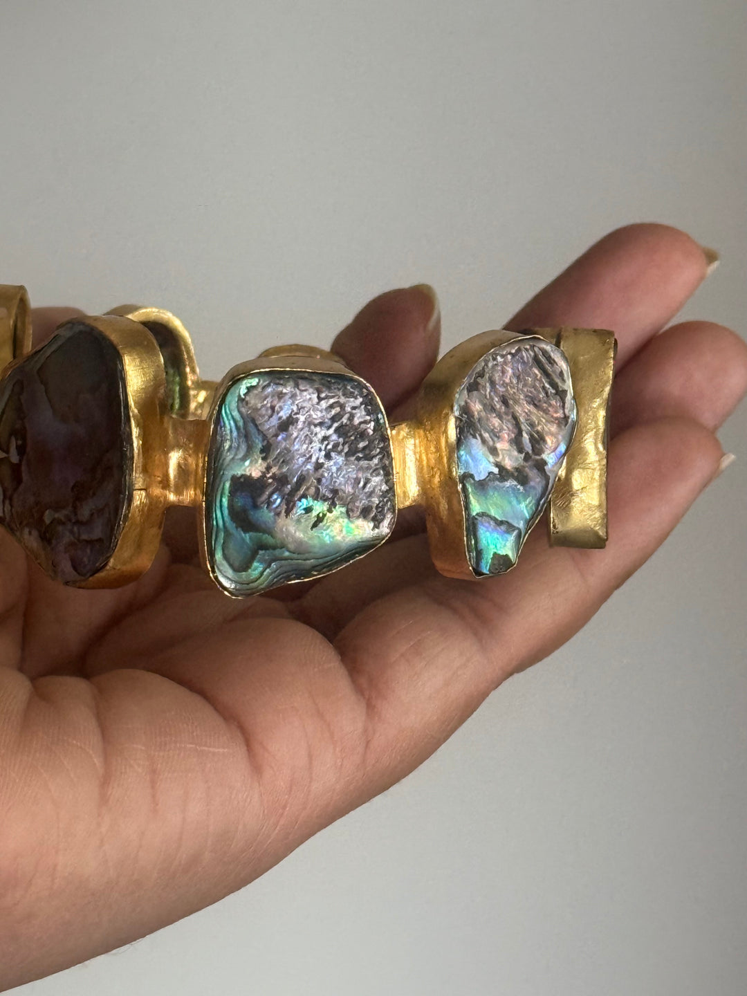 SHIVKA Designer Brass Abalone Cuff | Gold Polish | Natural Abalone Stones | Adjustable | 30g