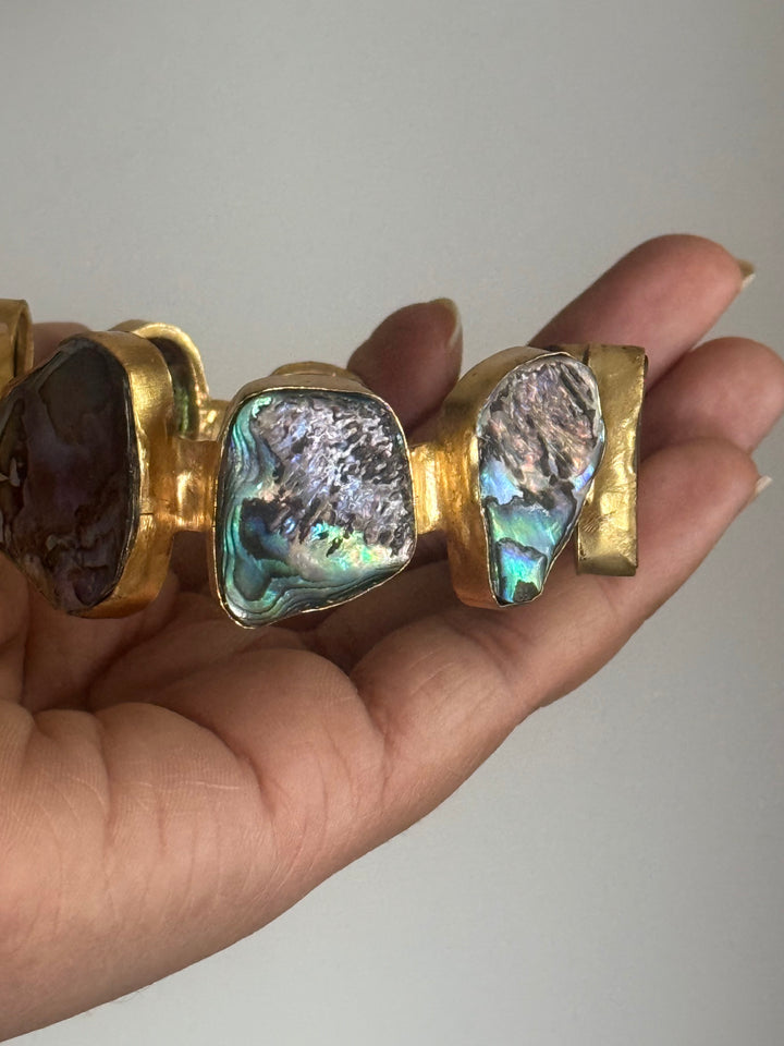 SHIVKA Designer Brass Abalone Cuff | Gold Polish | Natural Abalone Stones | Adjustable | 30g