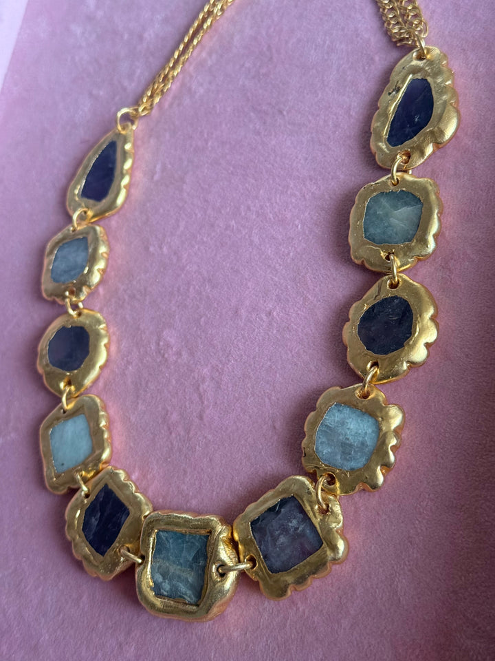 Handmade Raw Stone Gold Embedded Necklace | Adjustable Lobster Claw Brass Statement Jewelry