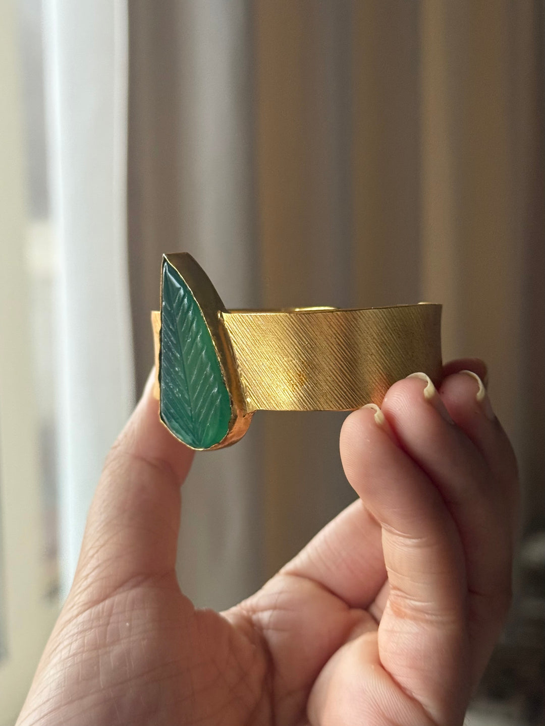 Exquisite Carved Green Onyx Stone Studded Brass Open Cuff - Unparalleled Quality and Style
