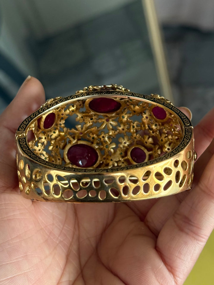 925 Silver Meenakari Ruby Kada by SHIVKA, Gold Plated Bikaner Artisanal Floral Openable Bangle