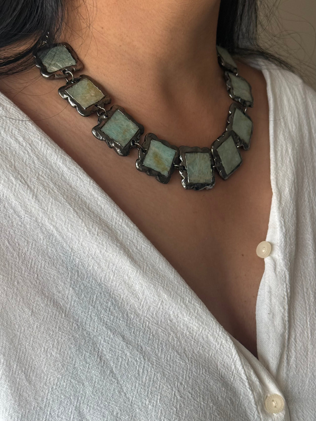 Handmade Raw Amazonite Rhodium Plated Necklace | Adjustable Lobster Claw Brass Statement Jewelry